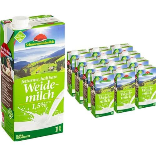 Schwarzwaldmilch Milch fettarme H-Milch, 1,5% Fett Haltbare Milch, Weidemilch, je 1 Liter, 12 Stück+ pufai von Pufai