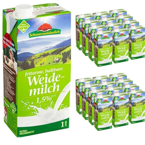 Schwarzwaldmilch Milch fettarme H-Milch, 1,5% Fett Haltbare Milch, Weidemilch, je 1 Liter, 24 Stück+ pufai von Pufai