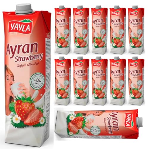 Yayla, Joghurtgetränk Ayran mit Erdbeer Aroma Joghurt-Drink, Sonderproduktionsgetränk 1000 ml X 12 STÜCK von Pufai