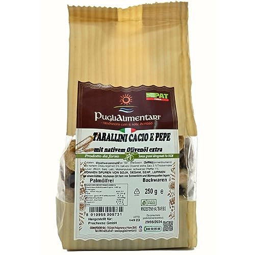 Tarallini Tradizionali Cacio e Pepe, Taralli mit Käse und Pfeffer, Puglialimentari, 250 g von Puglialimentari