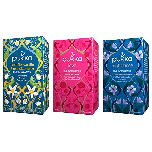 Pukka Bio-Kräutertee Set für Entspannung und Gelassenheit mit den Bio-Tee-Sorten Love, Night Time und Kamille, Vanille und Manuka-Honig. 100% bio und nachhaltig (3 x 20 Teebeutel) von Pukka