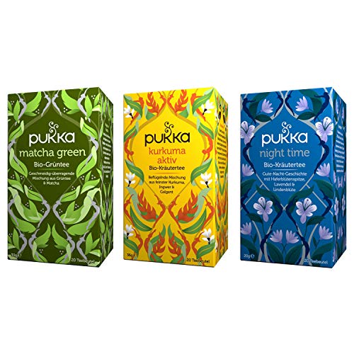 Pukka Bio-Tee Set, Teeauswahl für den ganzen Tag mit den Teesorten Matcha Green, Kurkuma Aktiv und Night Time. Auswahl an Bio-Kräutertees, 100% bio,fair und nachhaltig (3 Teepackungen à 20 Teebeutel) von Pukka