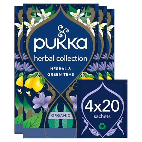 Pukka Tee Set, Bio Kräutertee Selektion, "Zitrone, Ingwer & Manuka-Honig", "Kurkuma Aktiv", "Drei Minze", "Night Time", "Feel New", Für jeden Anlass, 4er Pack, 5 Teesorten x4, 80 Teebeutel von Pukka