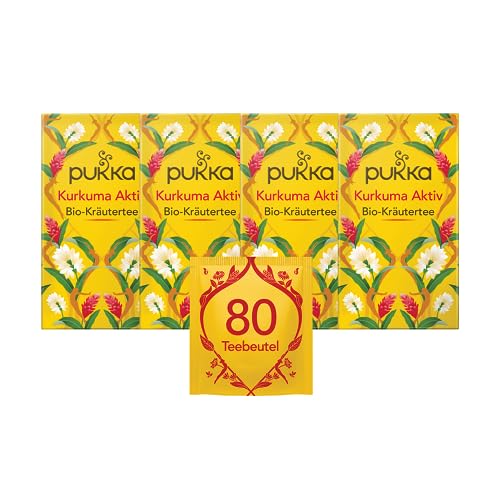 Pukka | Bio-Kräutertee „Kurkuma Aktiv“ | Ingwer, Kurkuma, Brennnessel und Orange | für einen aktiven Lebensstil | 4er Pack | 80 Teebeutel von Pukka