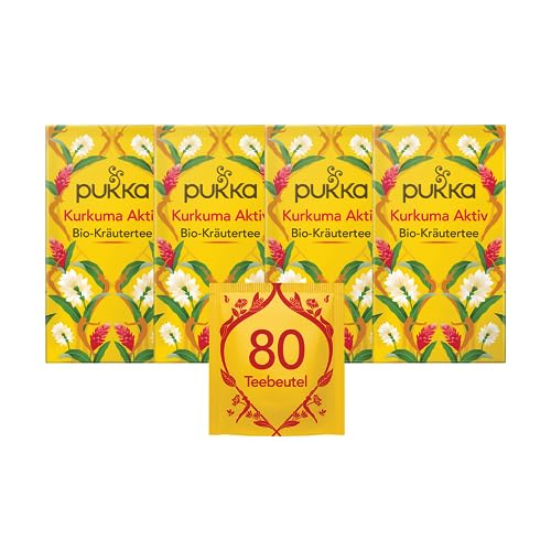 Pukka Tee Set, Bio Kräutertee "Kurkuma Aktiv / Kurkuma, Ingwer & Orange", Ingwer, Kurkuma, Brennnessel und Orange, Für einen aktiven Lebensstil, 4er Pack, 80 Teebeutel von Pukka