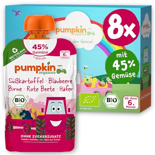 Pumpkin Organics Bio Gemüse-Getreide-Quetschies 8er Pack Süßkartoffel, Blaubeere, Birne, Rote Beete, Hafer ohne Zuckerzusatz¹ - ab dem 6. Monat - als Snack oder Beikost für unterwegs (8x100g) von Pumpkin Organics