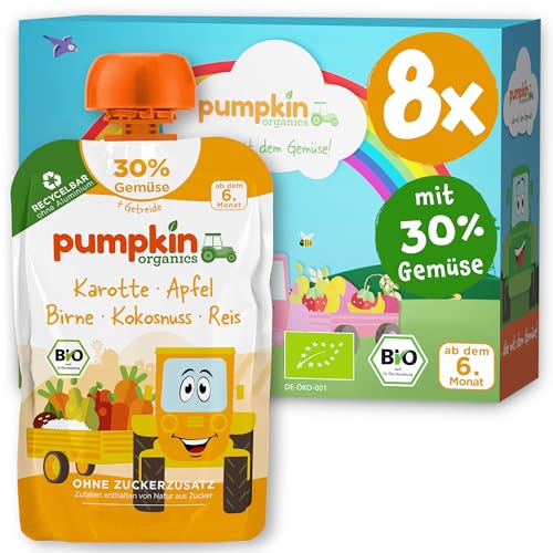 Pumpkin Organics Bio Gemüse-Getreide-Quetschies 8er Pack Karotte, Apfel, Birne, Kokosnuss, Reis ohne Zuckerzusatz¹ - ab dem 6. Monat - als Snack oder Beikost für unterwegs - glutenfrei (8x100g) von Pumpkin Organics