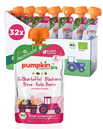 Bio Quetschie Süßkartoffel, Blaubeere, Birne, Rote Beete, Hafer & Rapsöl - Gemüsepüree, Fruchtmus und Getreide für Babys ab dem 6. Monat. Recycelbarer Quetschbeutel, 32er Pack (32x100g) von Pumpkin Organics