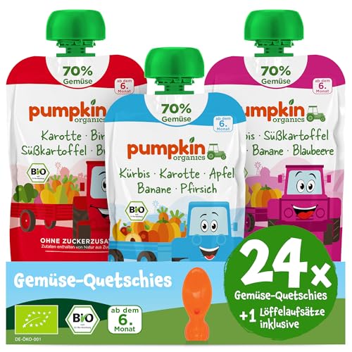 Pumpkin Organics 24er Pack ERSTE LIEBE Bio Gemüse-Quetschies mit 1 Löffelaufsatz - Quetschie ohne Zuckerzusatz¹ - Beikost unterwegs - für Babys ab dem 6. Monat - Kennenlernpaket (24x100g) von Pumpkin Organics