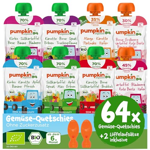 Pumpkin Organics 64er Pack ERSTE LIEBE Bio Gemüse Quetschies mit 2 Löffelaufsätzen - Quetschie ohne Zuckerzusatz - Babynahrung für Babys ab dem 6. Monat - Bestseller (64x100g) von Pumpkin Organics