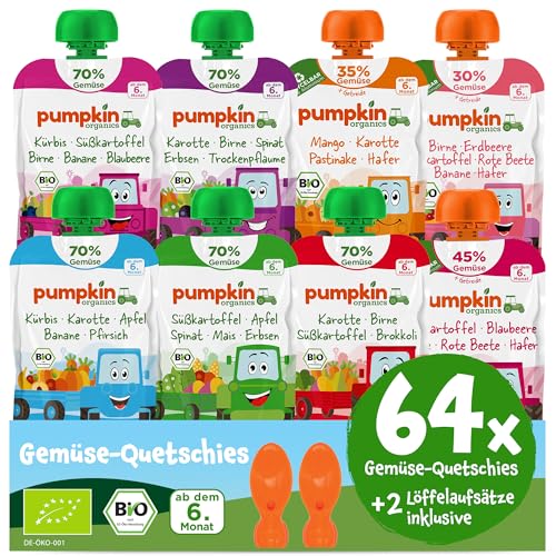 Pumpkin Organics 64er Pack ERSTE LIEBE Bio Gemüse Quetschies mit 2 Löffelaufsätzen - Quetschie ohne Zuckerzusatz - Babynahrung für Babys ab dem 6. Monat - Bestseller (64x100g) von Pumpkin Organics