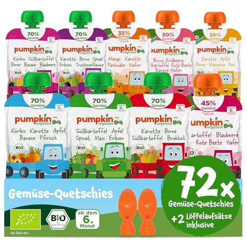 Pumpkin Organics 72er Pack ERSTE LIEBE Bio Gemüse Quetschies mit 2 Löffelaufsätzen - Quetschie ohne Zuckerzusatz - Babynahrung für Babys ab dem 6. Monat - Vorratspaket (72x100g) von Pumpkin Organics