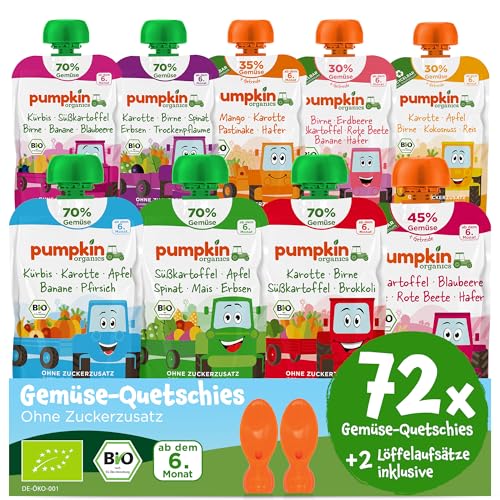 Pumpkin Organics 72er Pack ERSTE LIEBE Bio Gemüse Quetschies mit 2 Löffelaufsätzen - Quetschie ohne Zuckerzusatz - Babynahrung für Babys ab dem 6. Monat - Vorratspaket (72x100g) von Pumpkin Organics