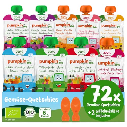 Pumpkin Organics 72er Pack ERSTE LIEBE Bio Gemüse-Quetschies mit 2 Löffelaufsätzen - Quetschie ohne Zuckerzusatz - Babynahrung für Babys ab dem 6. Monat - Vorratspaket (72x100g) von Pumpkin Organics