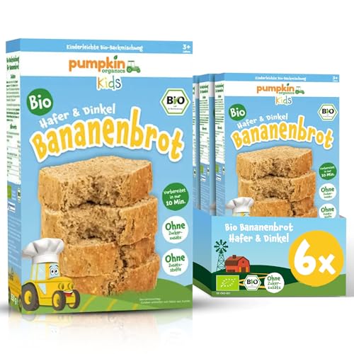 Pumpkin Organics Bio Bananenbrot (6er Pack) - Backmischung für Kinder (3+ Jahre) und Erwachsene zur schnellen Zubereitung - Kinderfreundliches Backset ohne Zusatzstoffe für Familien-Backspaß von Pumpkin Organics