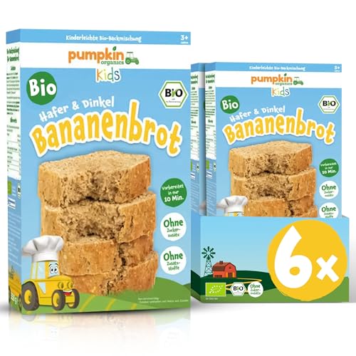 Pumpkin Organics Bio Bananenbrot (6er Pack) - Backmischung für Kinder (3+ Jahre) und Erwachsene zur schnellen Zubereitung - Kinderfreundliches Backset ohne Zusatzstoffe für Familien-Backspaß von Pumpkin Organics