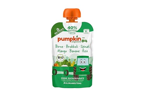 Pumpkin Organics Bio Gemüse-Getreide-Quetschie Birne, Brokkoli, Spinat, Mango, Banane, Reis ohne Zuckerzusatz - Babynahrung für Babys ab dem 6. Monat - glutenfrei & vegetarisch (100g) von Pumpkin Organics
