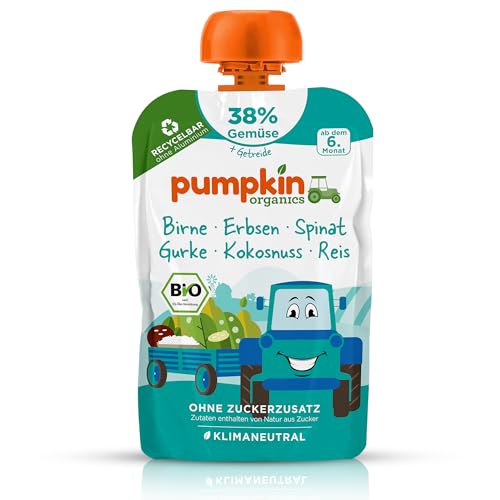Pumpkin Organics Bio Gemüse-Getreide-Quetschie Birne, Erbsen, Spinat, Gurke, Kokosnuss, Reis ohne Zuckerzusatz¹ - ab dem 6. Monat - als Snack oder Beikost für unterwegs - glutenfrei (100g) von Pumpkin Organics