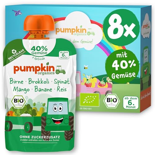 Pumpkin Organics Bio Gemüse-Getreide-Quetschies 8er Pack Birne, Brokkoli, Spinat, Mango, Banane, Reis ohne Zuckerzusatz¹ - ab dem 6. Monat - als Snack oder Beikost für unterwegs - glutenfrei (8x100g) von Pumpkin Organics