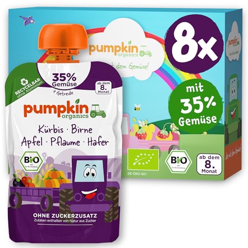 Pumpkin Organics Bio Gemüse-Getreide-Quetschies 8er Pack Kürbis, Birne, Apfel, Pflaume, Hafer ohne Zuckerzusatz¹ - ab dem 8. Monat - als Snack oder Beikost für unterwegs (8x100g) von Pumpkin Organics
