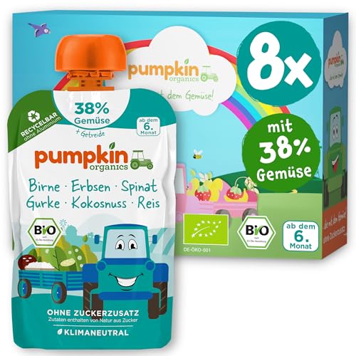 Pumpkin Organics Bio Gemüse-Getreide-Quetschies 8er Pack Birne, Erbsen, Spinat, Gurke, Kokosnuss, Reis ohne Zuckerzusatz - für Babys ab dem 6. Monat - glutenfrei & vegetarisch (8x100g) von Pumpkin Organics