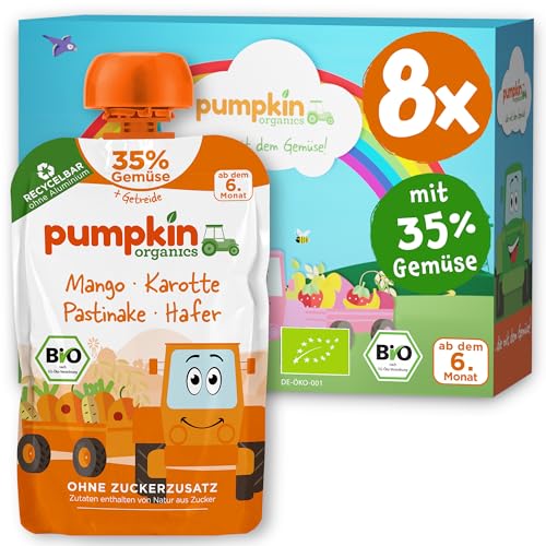 Pumpkin Organics Bio Gemüse-Getreide-Quetschies 8er Pack Mango, Karotte, Pastinake, Hafer ohne Zuckerzusatz¹ - ab dem 6. Monat - als Snack oder Beikost für unterwegs (8x100g) von Pumpkin Organics