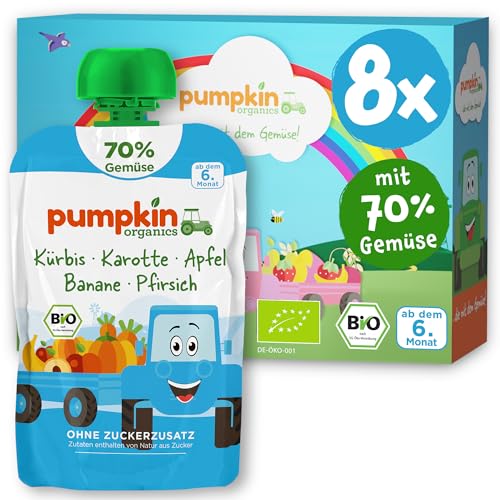 Pumpkin Organics Bio Gemüse-Quetschies 8er Pack Kürbis, Karotte, Apfel, Banane, Pfirsich ohne Zuckerzusatz¹ - ab dem 6. Monat - als Snack oder Beikost für unterwegs - glutenfrei (8x100g) von Pumpkin Organics