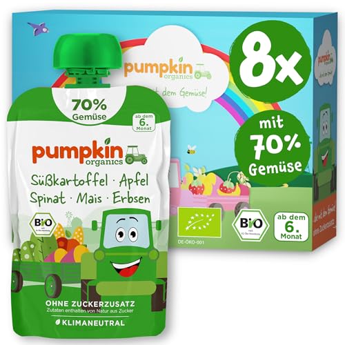 Pumpkin Organics Bio Gemüse Quetschies 8er Pack Süßkartoffel, Apfel, Spinat, Mais, Erbsen ohne Zuckerzusatz - Babynahrung für Babys ab dem 6. Monat - glutenfrei & vegetarisch (8x100g) von Pumpkin Organics