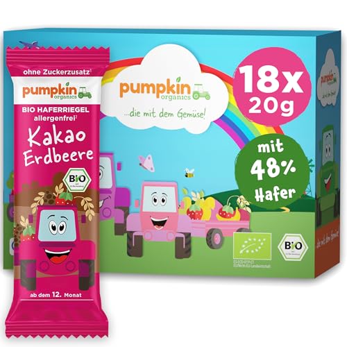 Pumpkin Organics Bio Haferriegel Kakao Erdbeere (18x20g) Haferriegel ohne Zuckerzusatz¹ ab dem 12. Monat - allergenfreie² und glutenfreie³ Baby- und Kindersnacks von Pumpkin Organics