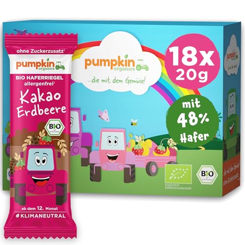 Pumpkin Organics Bio Haferriegel Kakao- Erdbeere - Kinderriegel ohne Zuckerzusatz - in 5 Geschmacksrichtungen erhältlich - allergen- & glutenfreier Kinder Snack (18er Box) von Pumpkin Organics
