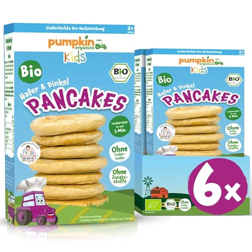 Bio Pancakes Hafer & Dinkel (6er Pack) - Backmischung für Kinder (3+ Jahre) und Erwachsene zur schnellen Zubereitung - Backset ohne Zuckerzusatz¹ und ohne Zusatzstoffe für Pancakes, Waffeln und Blinis von Pumpkin Organics