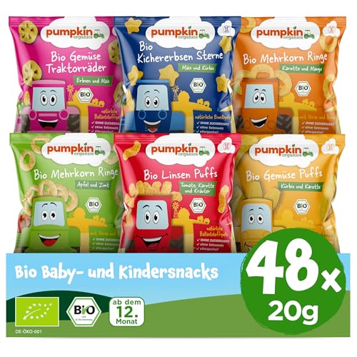 Pumpkin Organics Kindersnack Bestseller (6x8er Pack) Baby Snacks ohne Zusatzstoffe ab dem 12. Monat - allergenfreie² und glutenfreie³ Knuspersnacks für Kinder - 6 verschiedene Sorten (48x20g) von Pumpkin Organics