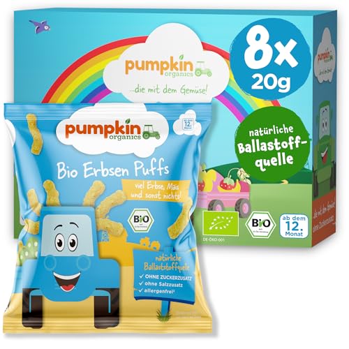 Pumpkin Organics Bio Erbsen Puffs, für Kinder und Babys ab dem 12. Monat, 8er Pack (8x20g) von Pumpkin Organics