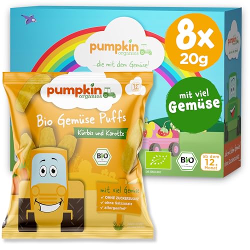 Pumpkin Organics Kindersnac Bio Gemüse Puffs Kürbis und Karotte (8er Pack) Baby Snacks ohne Zusatzstoffe ab dem 12. Monat - allergenfreie² und glutenfreie² Knuspersnacks für Kinder (8x20g) von Pumpkin Organics