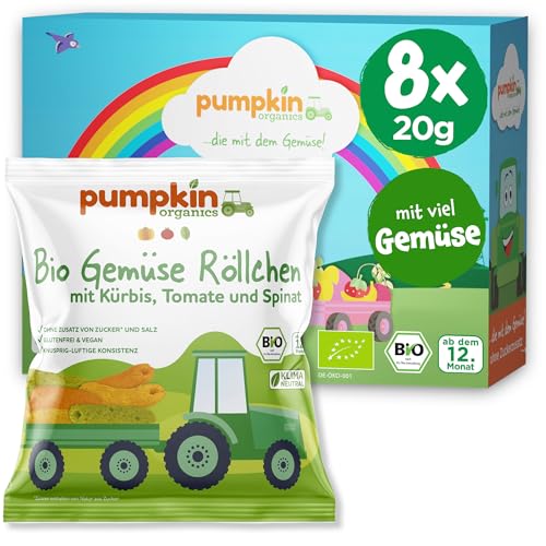 Pumpkin Organics Kindersnack Bio Gemüse Röllchen (8er Pack) Baby Snacks ohne Zusatzstoffe ab dem 12. Monat - allergenfreie² und glutenfreie² Knuspersnacks für Kinder (8x20g) von Pumpkin Organics