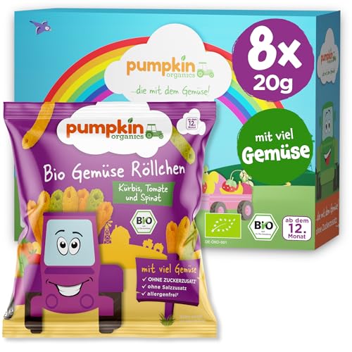 Pumpkin Organics Kindersnack Bio Gemüse Röllchen (8er Pack) Baby Snacks ohne Zusatzstoffe ab dem 12. Monat - allergenfreie² und glutenfreie² Knuspersnacks für Kinder (8x20g) von Pumpkin Organics
