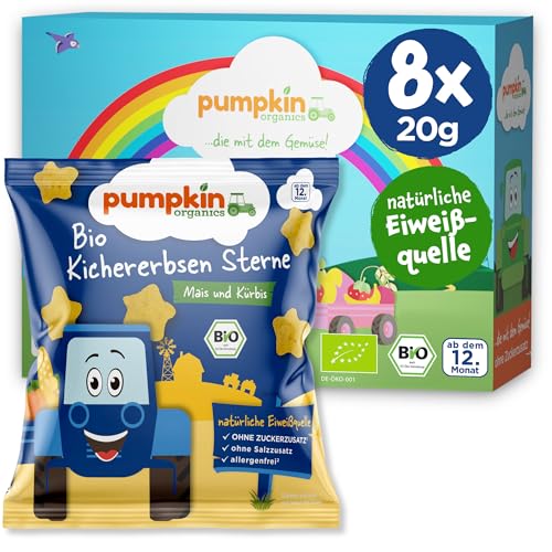 Pumpkin Organics Kindersnack Bio Kichererbsen Sterne Mais und Kürbis (8er Pack) Baby Snacks ohne Zusatzstoffe ab dem 12. Monat - allergenfreie² und glutenfreie² Knuspersnacks für Kinder (8x20g) von Pumpkin Organics