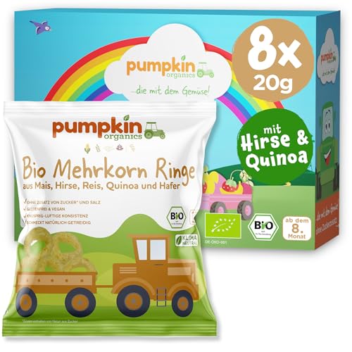 Pumpkin Organics Kindersnack Bio Mehrkorn Ringe aus Mais, Hirse,Reis, Quinoa und Hafer (8er Pack) Baby Snacks ohne Zusatzstoffe ab dem 8. Monat - allergenfreie² und glutenfreie³ Knuspersnacks von Pumpkin Organics