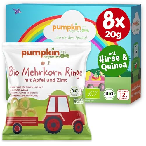 Pumpkin Organics Kindersnack Bio Mehrkorn Ringe mit Apfel & Zimt (8er Pack) Baby Snacks ohne Zusatzstoffe ab dem 8. Monat - allergenfreie² und glutenfreie³ Knuspersnacks für Kinder von Pumpkin Organics