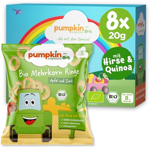 Pumpkin Organics Kindersnack Bio Mehrkorn Ringe Apfel und Zimt (8er Pack) Baby- und Kindersnacks ohne Zusatzstoffe ab dem 8. Monat - allergenfreie² und glutenfreie³ Knuspersnacks für Kinder (8x20g) von Pumpkin Organics