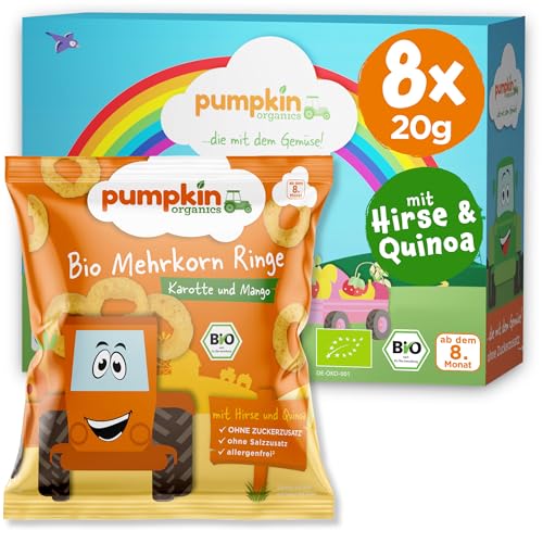Pumpkin Organics Kindersnack Bio Mehrkorn Ringe Karotte und Mango (8er Pack) Baby Snacks ohne Zusatzstoffe ab dem 12. Monat - allergenfreie² und glutenfreie³ Knuspersnacks für Kinder (8x20g) von Pumpkin Organics