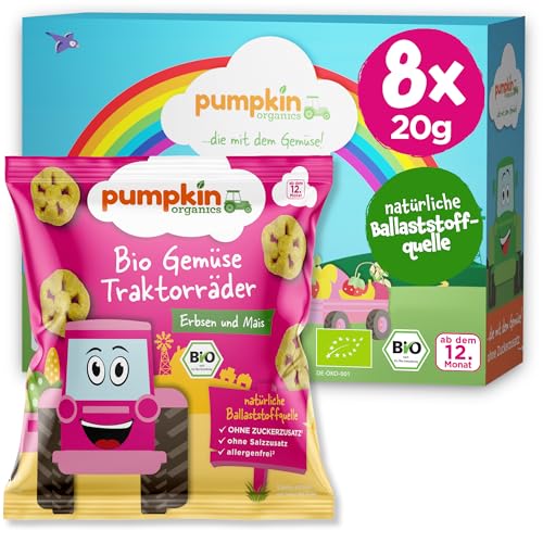 Pumpkin Organics Kindersnack Bio Traktorräder Erbsen und Mais (8er Pack) Baby- und Kindersnacks ohne Zusatzstoffe ab dem 12. Monat - allergenfreie² und glutenfreie² Knuspersnacks für Kinder (8x20g) von Pumpkin Organics