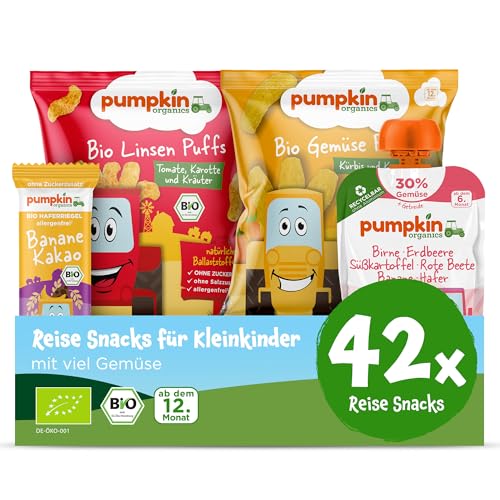 Pumpkin Organics Reise-Snacks für Kleinkinder ab dem 12. Monat - Bio Gemüse-Quetschies, Bio Knusper-Snacks und Bio-Haferriegel ideal für unterwegs, das Handgepäck, Flugzeug oder Zug ohne Zusatzstoffe von Pumpkin Organics