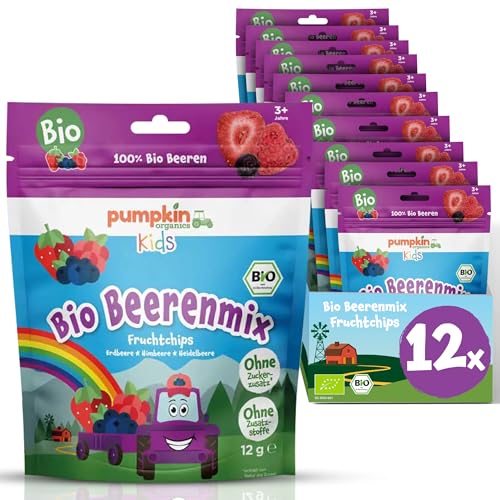 Pumpkin Organics gefriergetrocknete Bio Beerenmix Fruchtchips (12er Pack) aus 100% Bio Zutaten - Kindersnack (3+ Jahre) ohne Zuckerzusatz¹ und im praktischen wiederverschließbaren Beutel (12x12g) von Pumpkin Organics