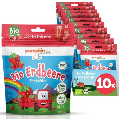 Pumpkin Organics gefriergetrocknete Bio Erdbeere Fruchtchips (10er Pack) aus 100% Bio Zutaten - Kindersnack (3+ Jahre) ohne Zuckerzusatz¹ und im praktischen wiederverschließbaren Beutel (10x12g) von Pumpkin Organics