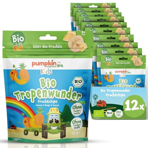 Pumpkin Organics gefriergetrocknete Bio Tropenwunder Fruchtchips (12er Pack) aus 100% Bio Zutaten - Kindersnack (3+ Jahre) ohne Zuckerzusatz¹ und im praktischen wiederverschließbaren Beutel (12x12g) von Pumpkin Organics