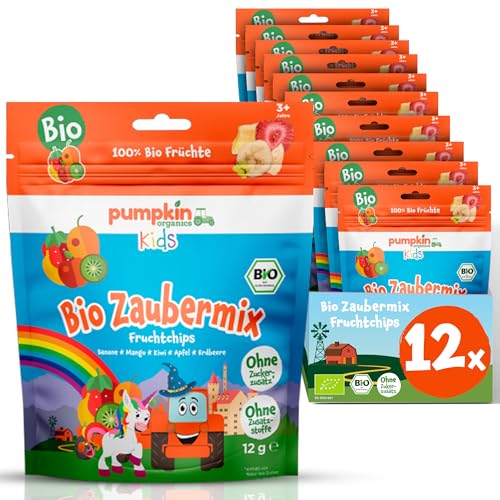Pumpkin Organics gefriergetrocknete Bio Zaubermix Fruchtchips (12er Pack) aus 100% Bio Zutaten - Kindersnack (3+ Jahre) ohne Zuckerzusatz¹ und im praktischen wiederverschließbaren Beutel (12x12g) von Pumpkin Organics