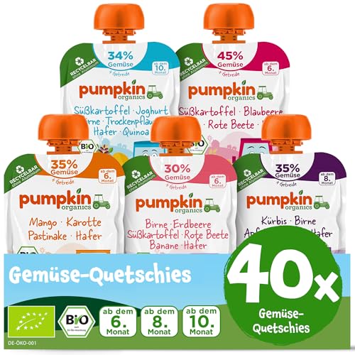 Pumpkin Organics 40er Pack QUERBEET Bio Gemüse-Quetschies - Quetschie ohne Zuckerzusatz¹ - Babynahrung für Babys ab dem 10. Monat - Bestsellerpaket (40x100g) von Pumpkin Organics