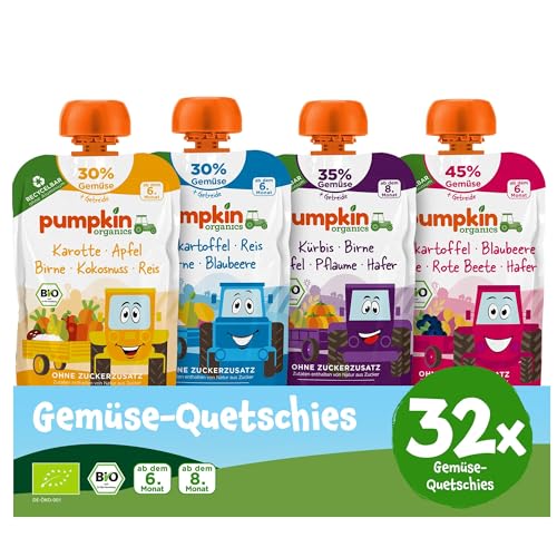 Pumpkin Organics 32er Pack QUERBEET Bio Gemüse-Quetschies - Quetschie ohne Zuckerzusatz¹ - Babynahrung für Babys ab dem 8. Monat - Kennenlernpaket (32x100g) von Pumpkin Organics
