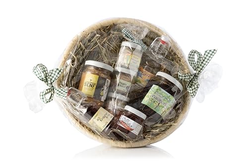 Allgäuer Delikatessen Geschenkkorb | Feinkost Geschenkset mit Dunkelbier-, Bergkräuter-, Feigen- und Bärlauchsenf, Wald Honig, Chili Aufstrich, Enzian- und Kräuterschnaps von Puntzelhof Allgäuer Delikatessen